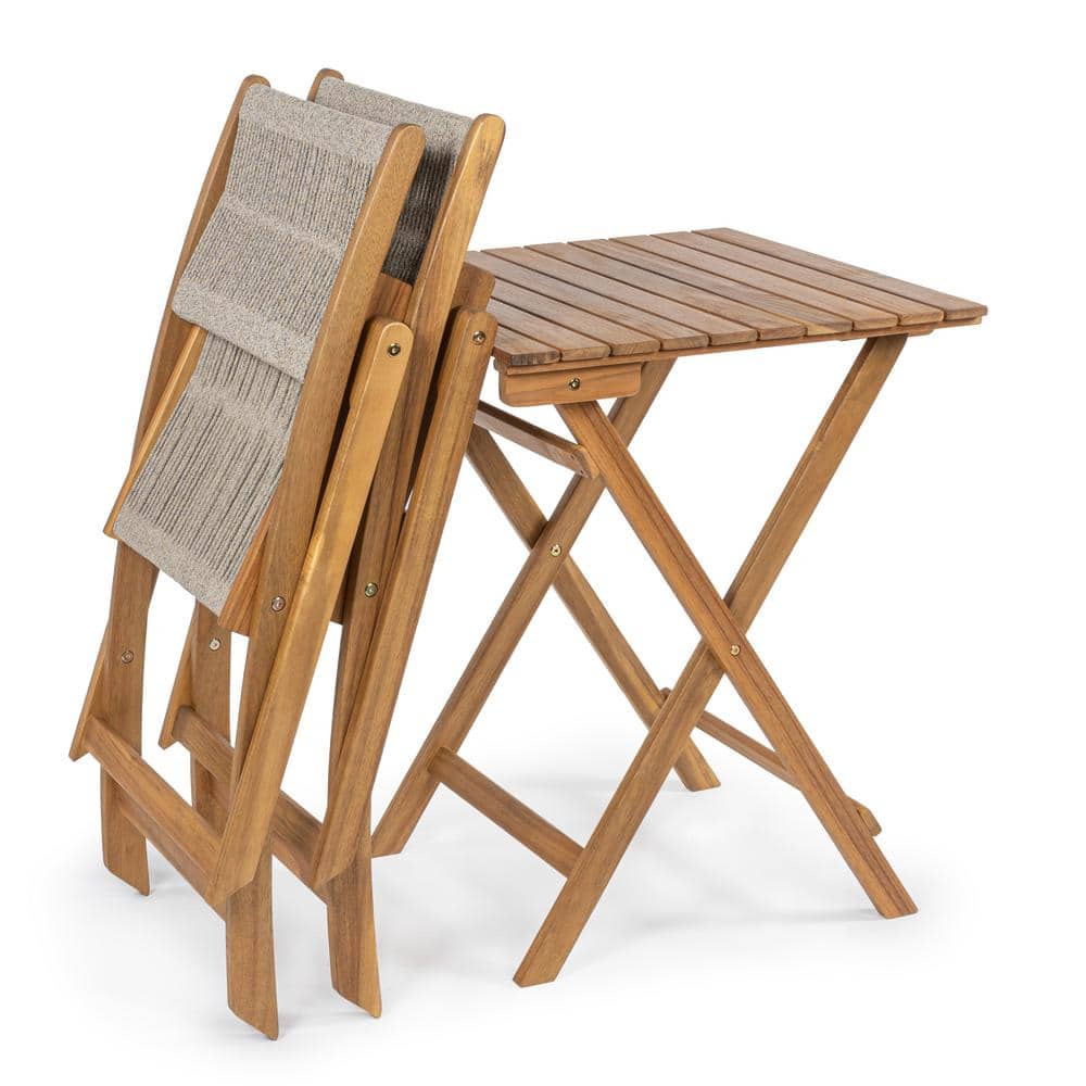 Beige and Teak Brown Acacia Wood Outdoor Folding Bistro Set
