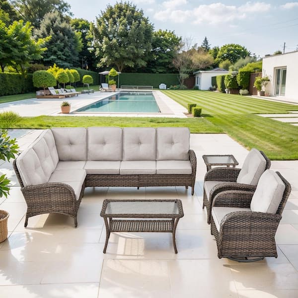 Brown 5-Piece Wicker Patio Conversation Sectional Seating Set with Beige Cushions and Swivel Rockers