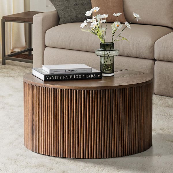 Giralda 31.5 Walnut Modern MDF Round Coffee Table with Storage