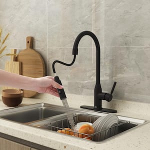 Modern Single Handle Pull Down Sprayer Kitchen Faucet with Deckplate and Water Supply Hoses in Matte Black