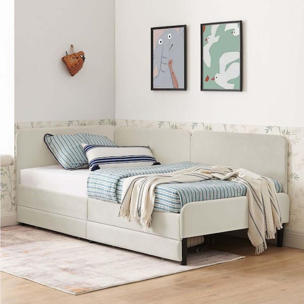 Beige Wood Frame Twin Size Upholstered Platform Bed with 2 Storage