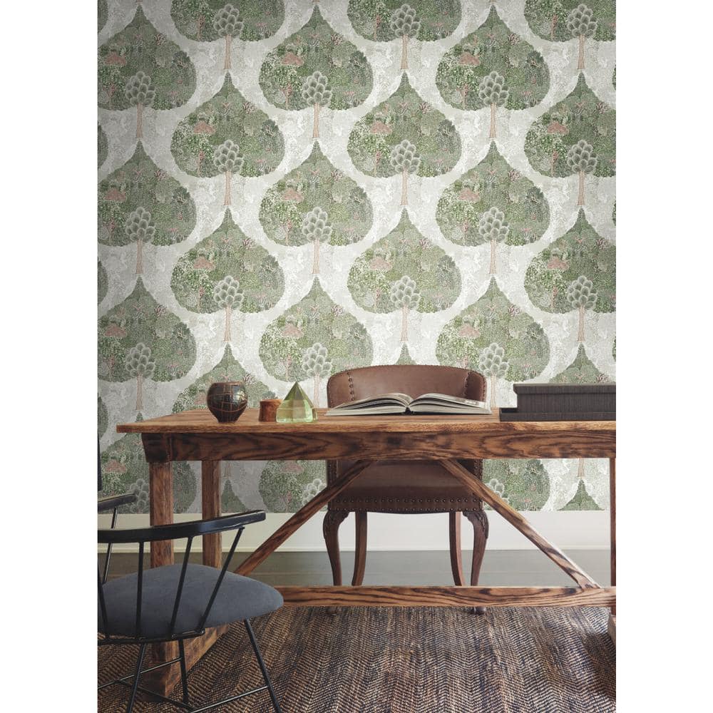Mystic Forest Green and Coral Vinyl Wallpaper