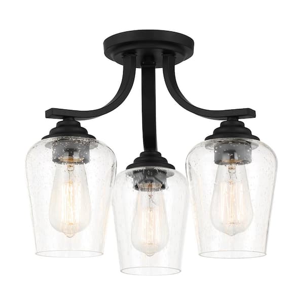 Minka Lavery Shyloh 15.5 in. 3-Light Black Semi-Flush Mount to Chandelier with Clear Seeded Glass Shades