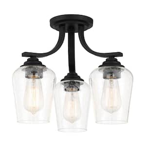 Shyloh 15.5 in. 3-Light Black Semi-Flush Mount to Chandelier with Clear Seeded Glass Shades