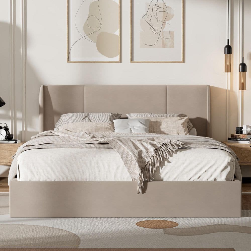 Greige Beige Frame Queen Size Wingback Upholstered Platform Bed with Lift-Up Storage Supported by Metal and Wooden Slats price history on PriceWatchPro