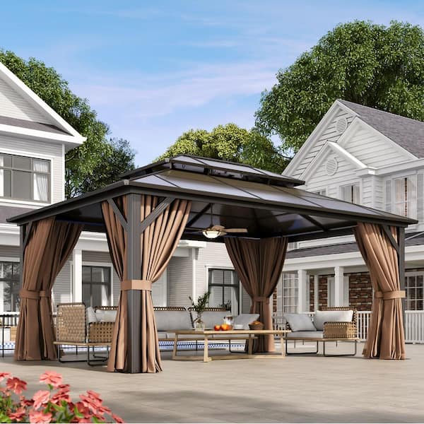 Brown Hardtop Gazebo 16 ft. x 12 ft., Aluminum Frame Permanent Pavilion with Curtains and Netting