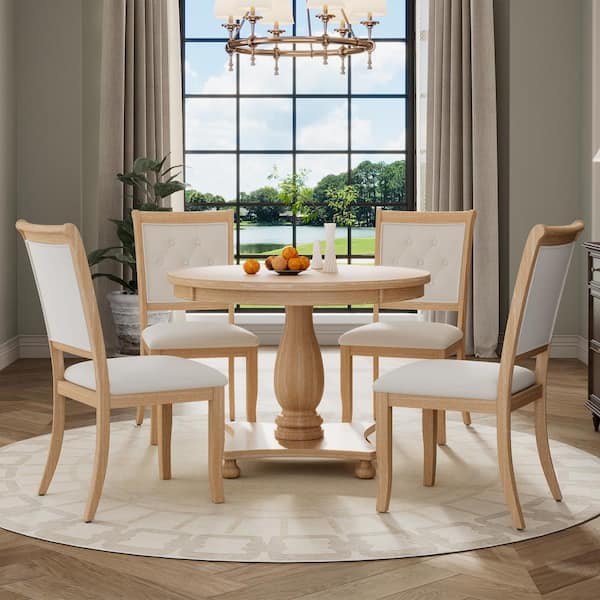 Qualler 5-Piece Round Natural Wood Wash MDF Top Dining Table Set Seats 4