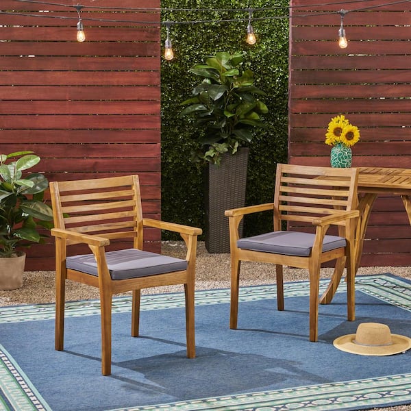 Harper & Bright Designs Patio Brown Wood Outdoor Dining Chair with Gray Cushions (2-Pack)