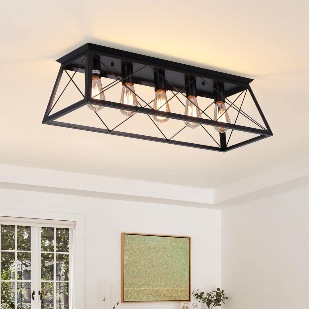 31.5 in. 5-Light Black Farmhouse Trapezoidal Metal Shade Flush Mount Ceiling Light price history on PriceWatchPro