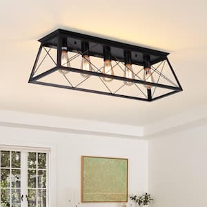 31.5 in. 5-Light Black Farmhouse Trapezoidal Metal Shade Flush Mount Ceiling Light