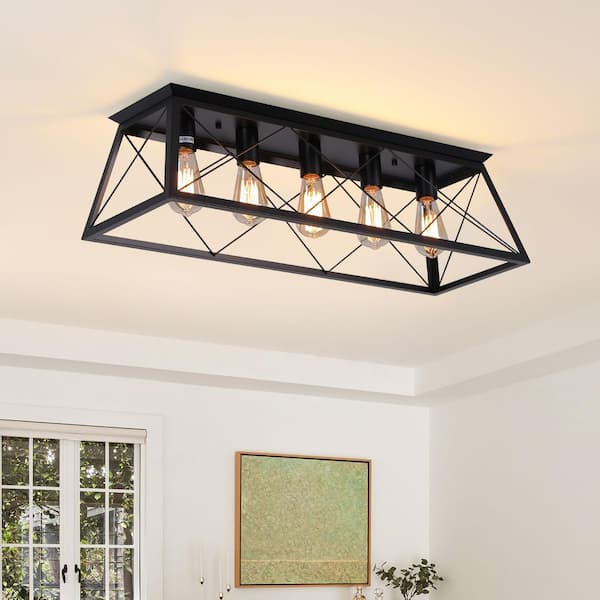 GoYeel 31.5 in. 5-Light Black Farmhouse Trapezoidal Metal Shade Flush Mount Ceiling Light