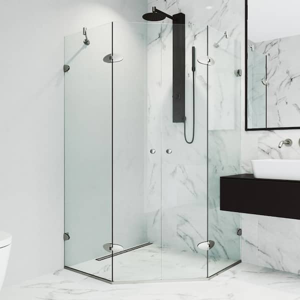 VIGO Gemini 45 in. L x 45 in. W x 73 in. H Frameless Pivot Neo-angle Shower Enclosure in Brushed Nickel with Clear Glass