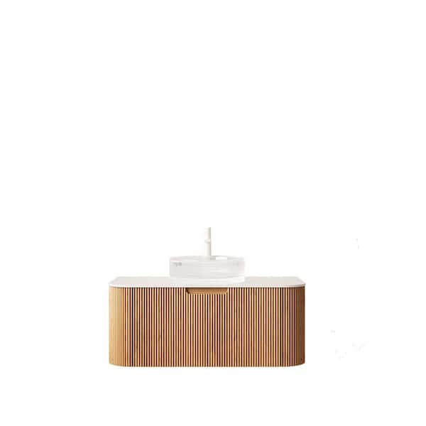 36 in. Wall-Mounted Natural Wood Bath Vanity with White Solid Surface Top Pre-Assembled