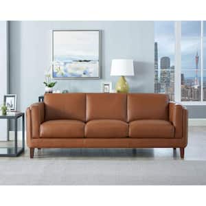 Maui 88 in. Square Arm Top Grain Leather Rectangle 3-Seater Sofa in. Cinnaman Brown
