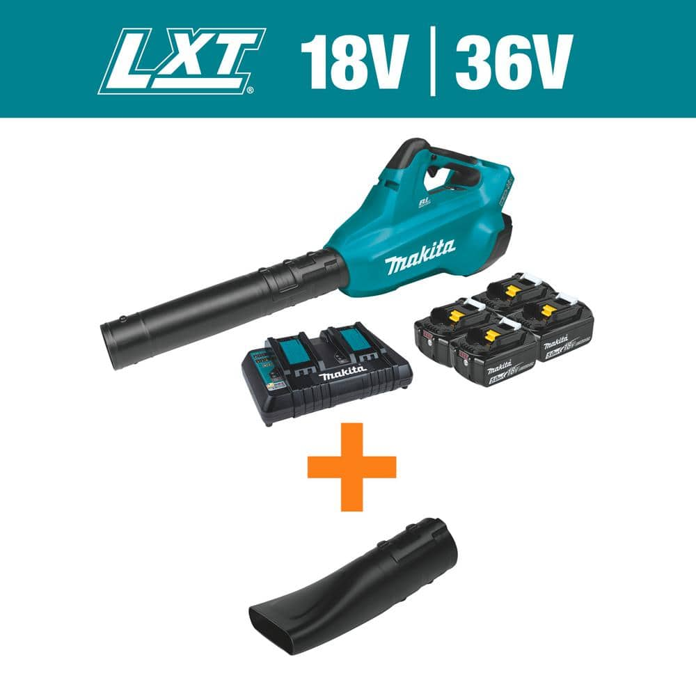 LXT 18V X2 (36V) 473 CFM 120 MPH Brushless Cordless Leaf Blower Kit with 4 Batteries (5.0Ah) with Flat End Nozzle -  Makita, XBU02PT1