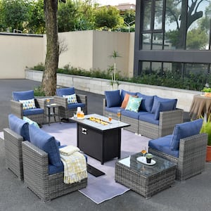 Sanibel Gray 11-Piece Wicker Patio Conversation Fire Pit Sectional Sofa Set with Swivel Chairs and Denim Blue Cushions