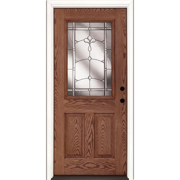 Feather River Doors 37.5 in. x 81.625 in. Carmel Patina 1/2 Lite Stained Medium Oak Left-Hand Inswing Fiberglass Prehung Front Door