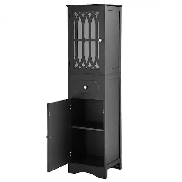 16.5 in. W x 14.2 in. D x 63.8 in. H Black MDF Freestanding Linen Cabinet with Drawer and Doors