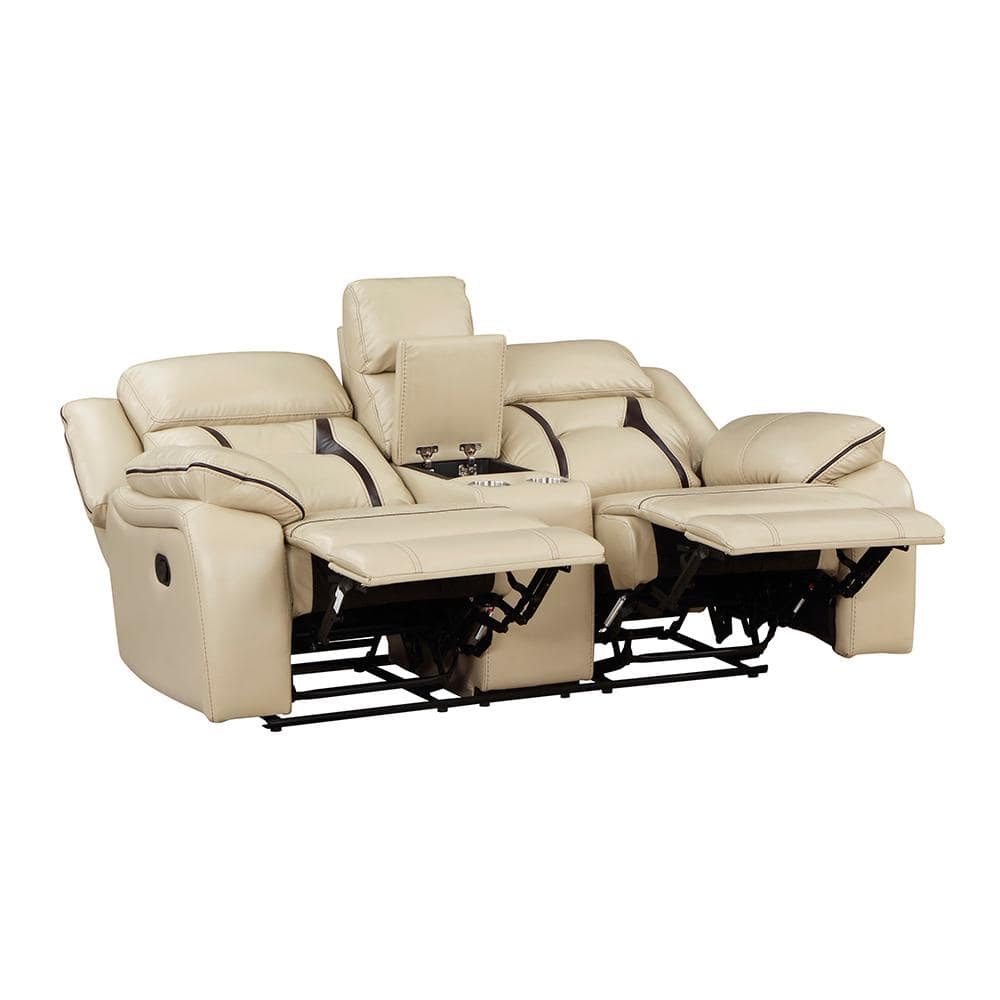 Beige Faux Leather Reclining Loveseat with Cup Holder