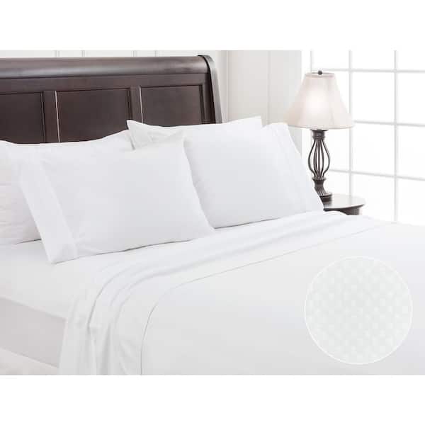 CHANASYA 4-Piece White Solid Color Checkered Embossed Microfiber Bedsheets Set, King