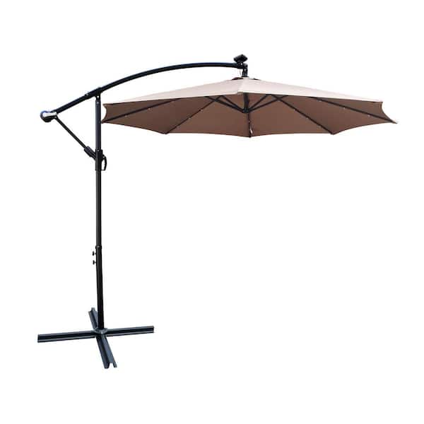 Tunearary 10 ft Steel Market Umbrella Patio Umbrella in Brown Solar LED Light Crank and Cross Base Outside Deck Pool