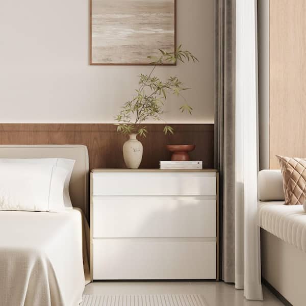 White and Beige 3-Drawer 31.5 in. W Nightstand with Rounded Corners, Storage End Table, Compact Dresser