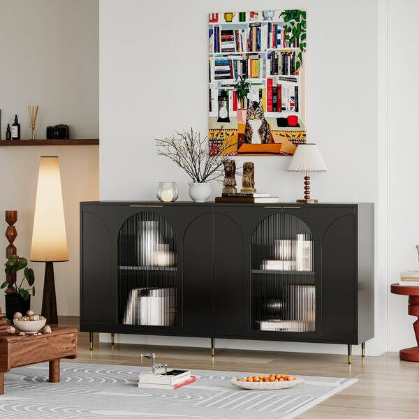 FUNKOL 15.75-in W x 59.84-in D x 33.46-in H in Black Lacquered Wooden Ready to Assemble Floor Kitchen Cabinet with Storage
