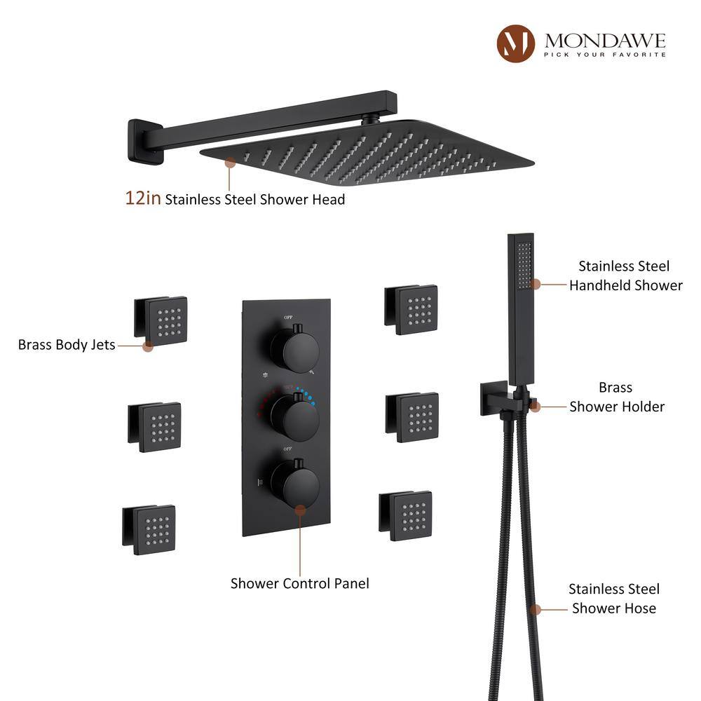 Matte Black 12-Inch Stainless Steel Multi-Head Wall Mounted Shower System