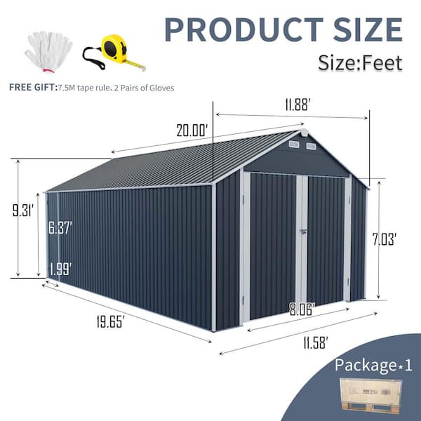 12 ft.W x 20 ft.D Outdoor Metal Storage Shed, Tool House with 2
