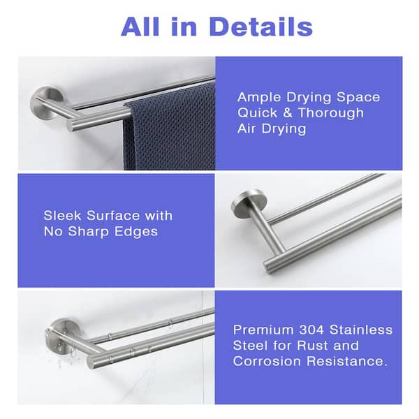 Bathroom 24 in. Wall Mounted Double Towel Bar Towel Holder in Brushed Nickel