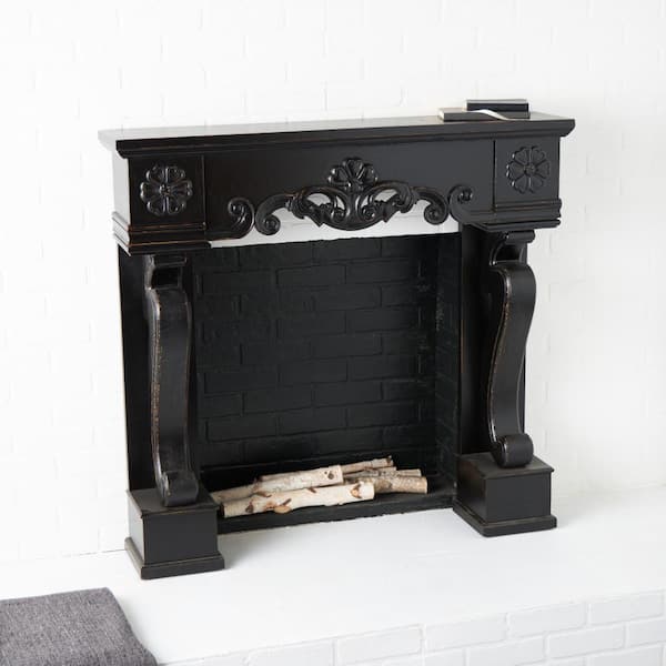 Litton Lane 45 in. x 43 in. Scroll Rectangle Decorative Mantle Wood Console Table with Floral Accents