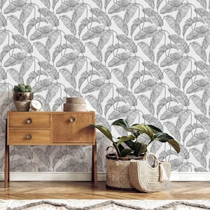 Black Linear Leaves Peel & Stick Vinyl Wallpaper