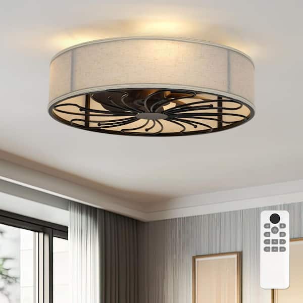 20 in. Indoor Black 100-240-Volt Low Profile Ceiling Fan with Linen Light Shade