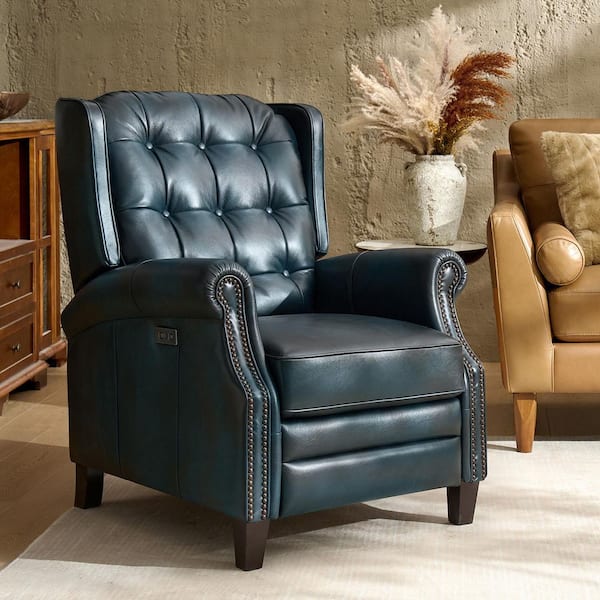 JAYDEN CREATION Carlos Navy 29.25''W Genuine Leather Power Recliner with Solid Wood Legs