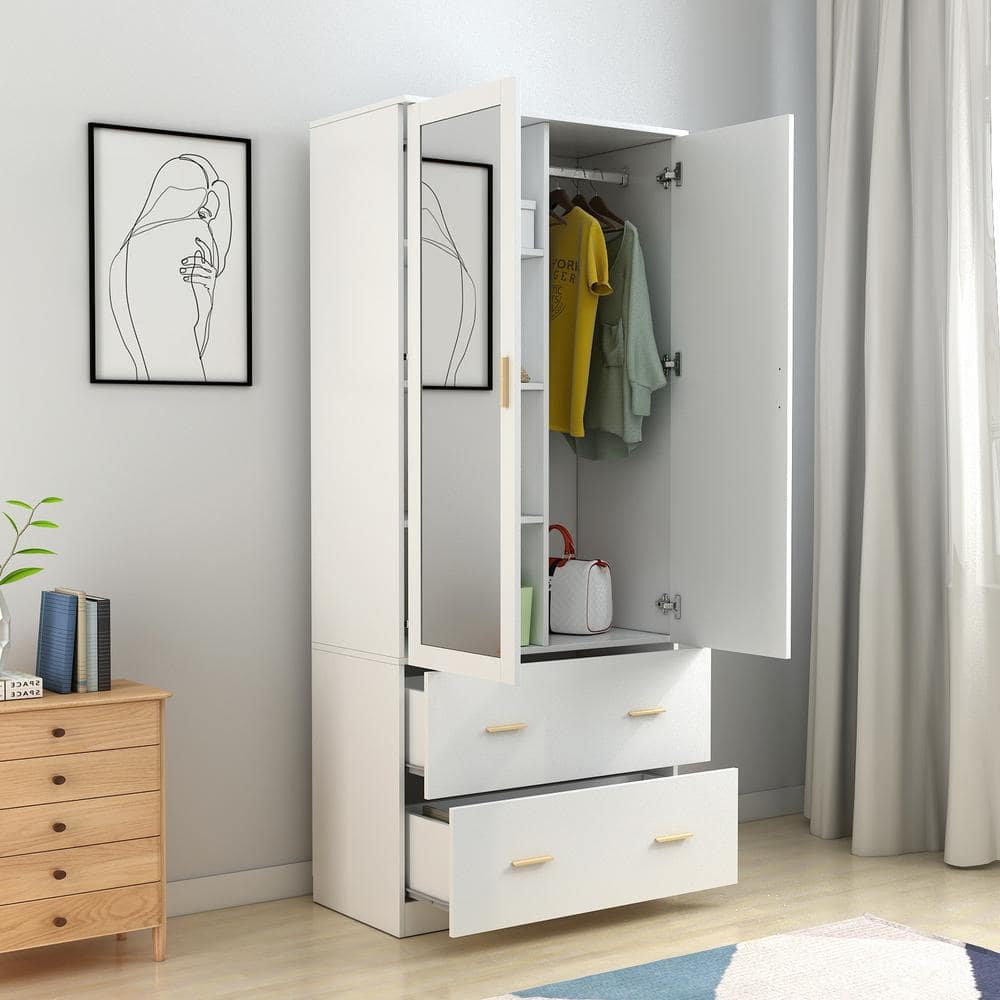 White Bedroom Armoire with 2-Drawers and 5-Shelves 31.5 in. L x 16.4 in. W x 72.0 in. H - thumbnail 4