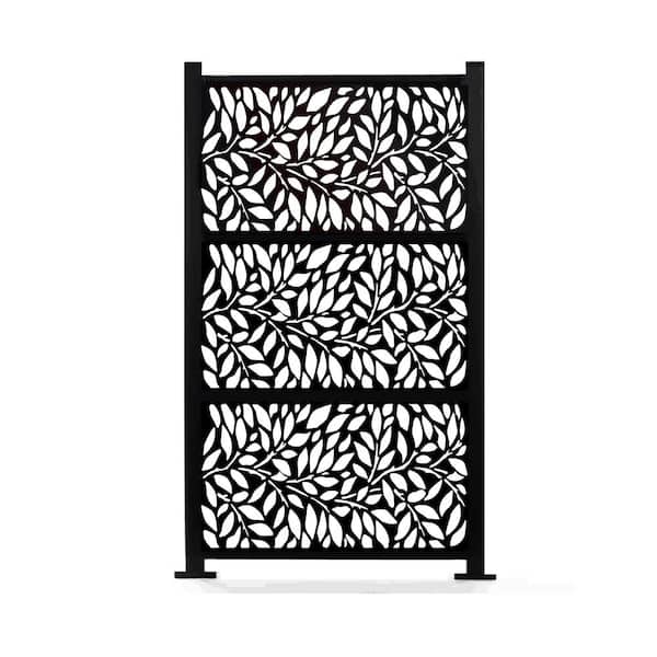 72 in. x 38 in. New Style Metal Art Laser Cut Metal Black Privacy Fence Screen, TreeLeaves 2-Pole with 3-Panel Set
