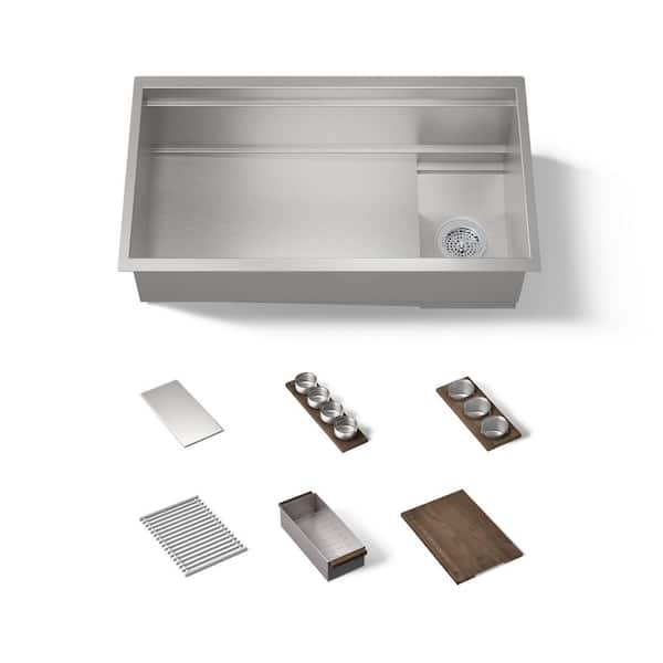 Synthos 33.75 in Undermount Single Bowl Stainless Steel Workstation Kitchen Sink with Walnut Accessory Bundle