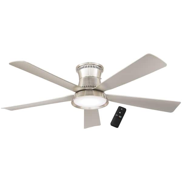 Hampton Bay Hawkspur 52 in. Indoor/Outdoor Brushed Nickel Low Profile Ceiling Fan with Adjustable White LED with Remote Included