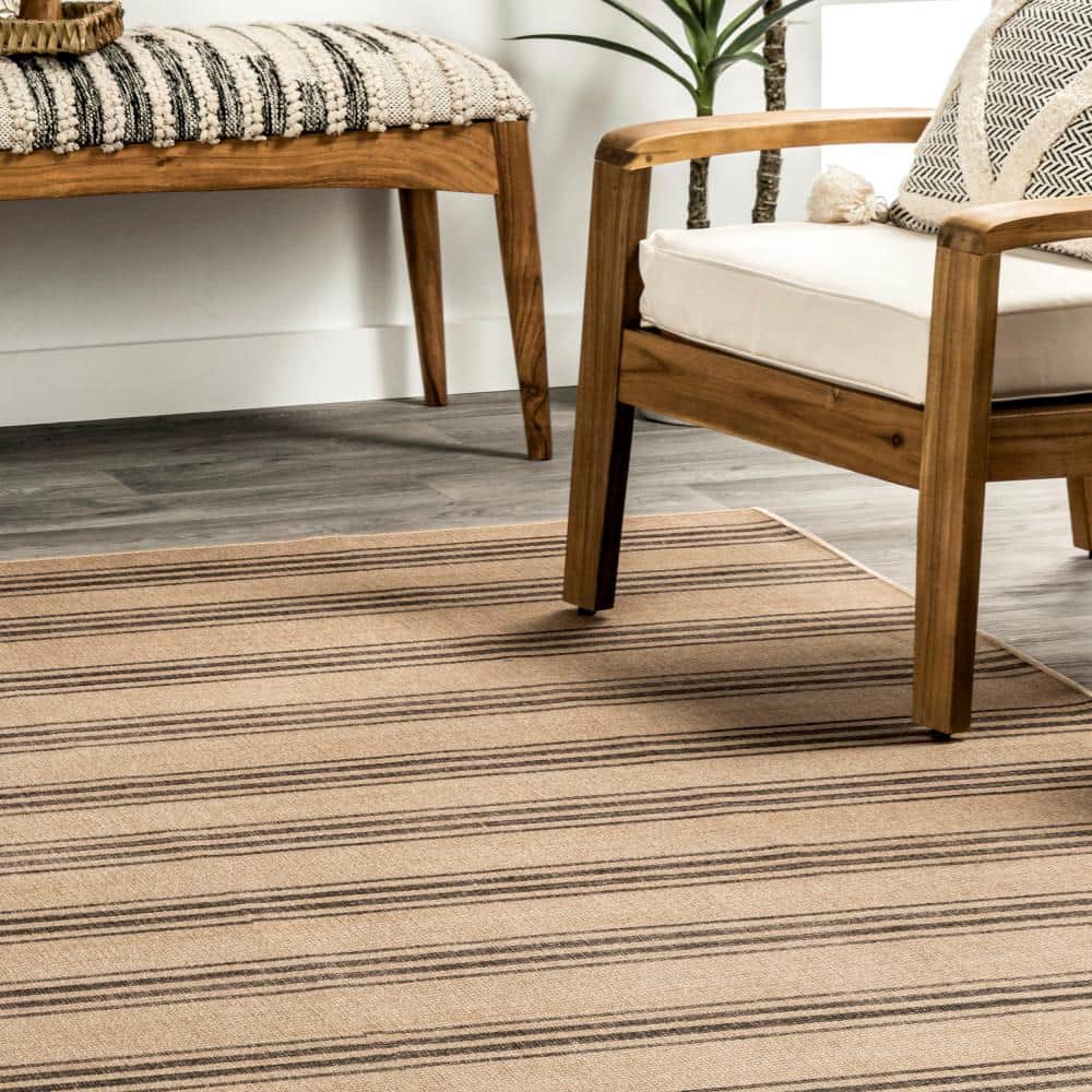 Gray and Beige Striped Synthetic Washable 8' x 10' Area Rug