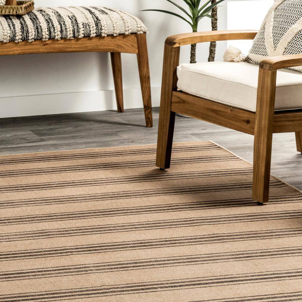Natural Beige and Brown Striped Synthetic 9' x 12' Washable Area Rug