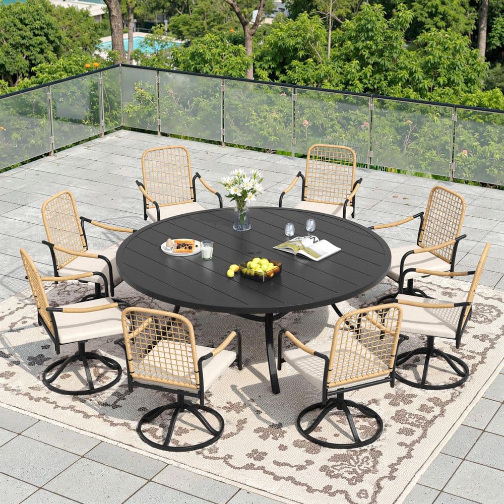 9-Piece Metal Outdoor Dining Set with 60 in. Black Round Table and 8 Swivel Wicker Chairs with Beige Cushions price history on PriceWatchPro