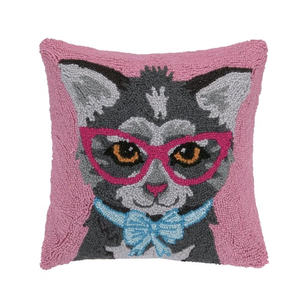 The Pillow Shoppe Cat with Glasses Pink Wool Hook 16 in. x 16 in. Throw Pillow