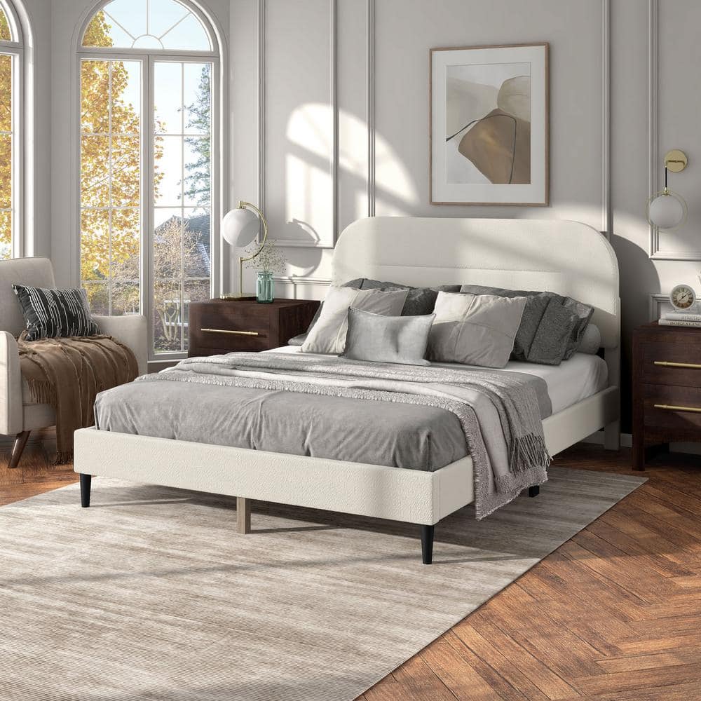 Cream Upholstered Queen Bed with Tufted Headboard and Nailhead Trim
