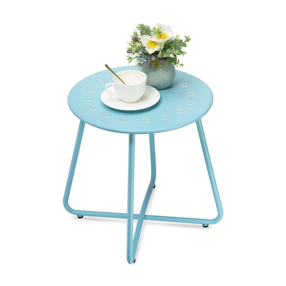 Metal Outdoor Side Tables with Flower Cut Outs, Small Round Outdoor End Tab