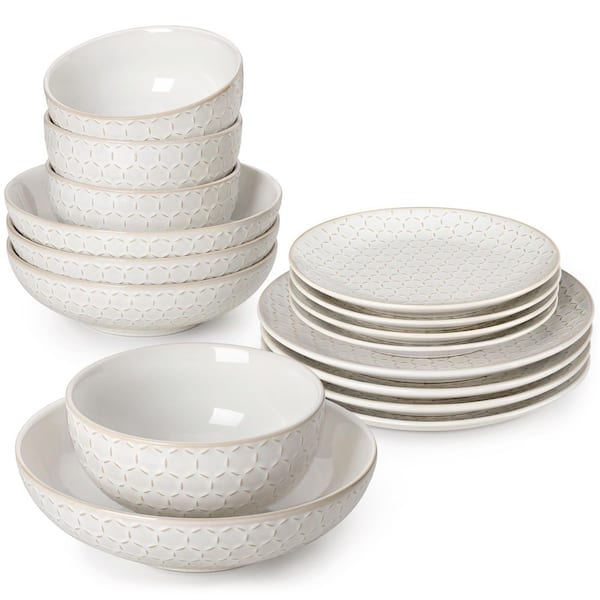 16-Piece White Stoneware Dinnerware Set Service for 4-Embossed Honeycomb Shape Pattern Tableware with Plates and Bowls
