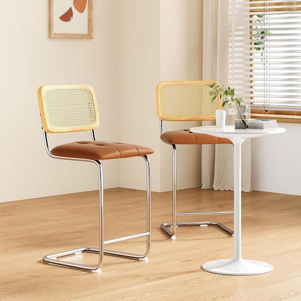 26 in. Brown Upholstered Faux Leather Counter Height Bar Stools with Rattan Back (Set of 2)