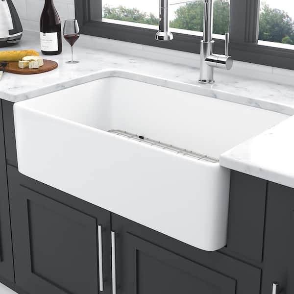 Staykiwi 33 in. Farmhouse Single Bowl White Ceramic Kitchen Sink with Bottom Grids