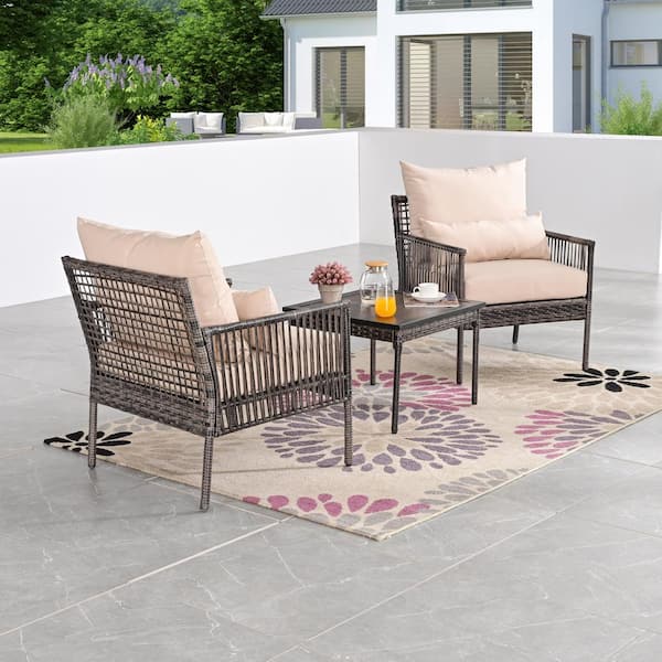 3-Piece Wicker Outdoor Conversation Set with Beige Cushions