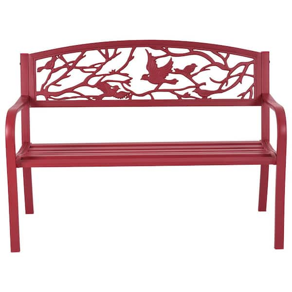 ANGELES HOME 3-Person Red Metal Outdoor Patio Garden Bench fot Park Yard