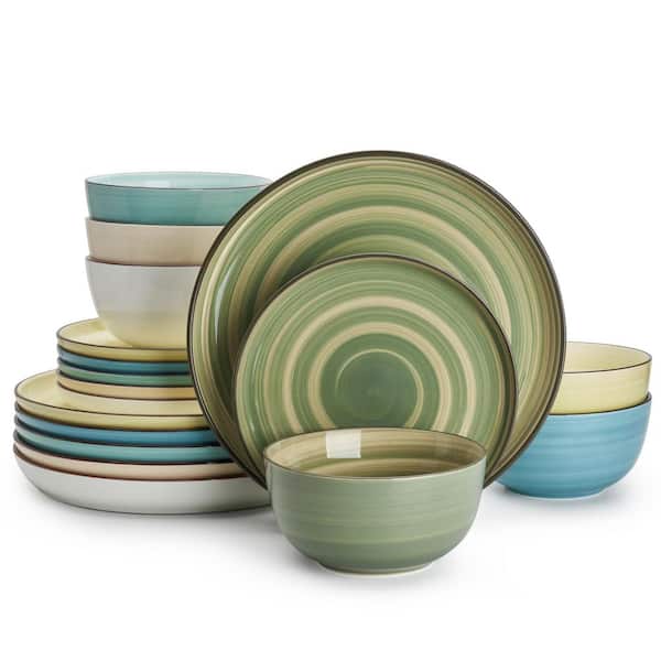18-Piece Green Porcelain Dinnerware Set (Service for 6), Scratch Resistant Dishes, Handpainted Swirl Dishware Sets